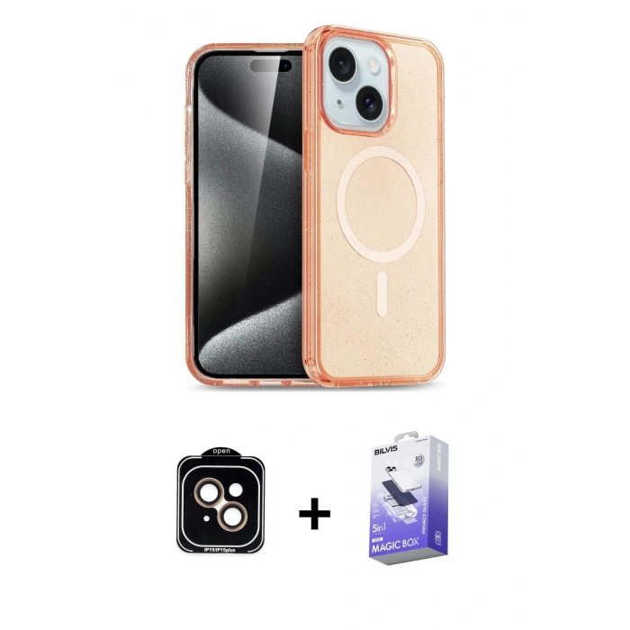 MARSİLYAN™- iPhone 14 Kılıf Nova Asil Prime - Siyah Bilvis 5in1 5D Magic Hayalet Cam Ekran Koruyucu + PVD Metal Kamera Lens - TU