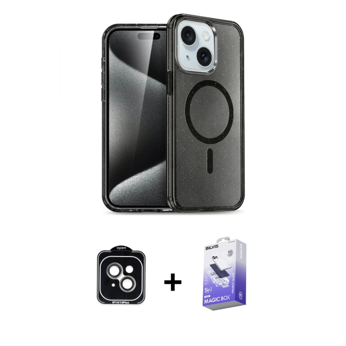 MARSİLYAN™- iPhone 14 Kılıf Nova Asil Prime - Siyah Bilvis 5in1 5D Magic Hayalet Cam Ekran Koruyucu + PVD Metal Kamera Lens - YL