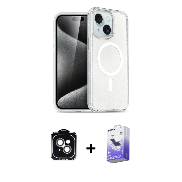 MARSİLYAN™- iPhone 14 Kılıf Nova Asil Prime - Siyah Bilvis 5in1 5D Magic Hayalet Cam Ekran Koruyucu + PVD Metal Kamera Lens - YL