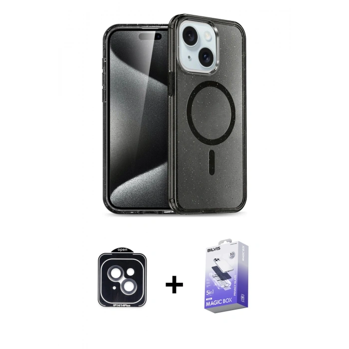 MARSİLYAN™- iPhone 14 Kılıf Nova Asil Prime - Siyah Bilvis 5in1 5D Magic Hayalet Cam Ekran Koruyucu + PVD Metal Kamera Lens - SH