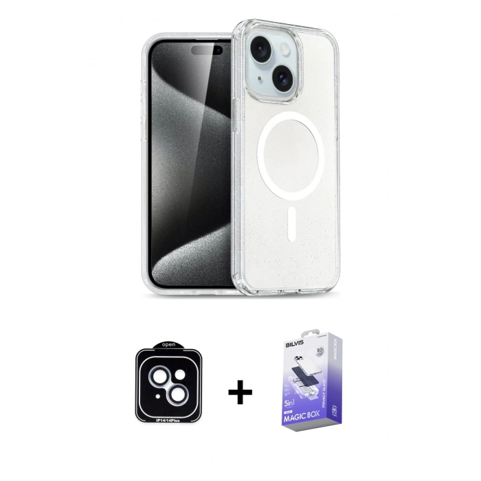 MARSİLYAN™- iPhone 14 Kılıf Nova Asil Prime - Siyah Bilvis 5in1 5D Magic Hayalet Cam Ekran Koruyucu + PVD Metal Kamera Lens - MI