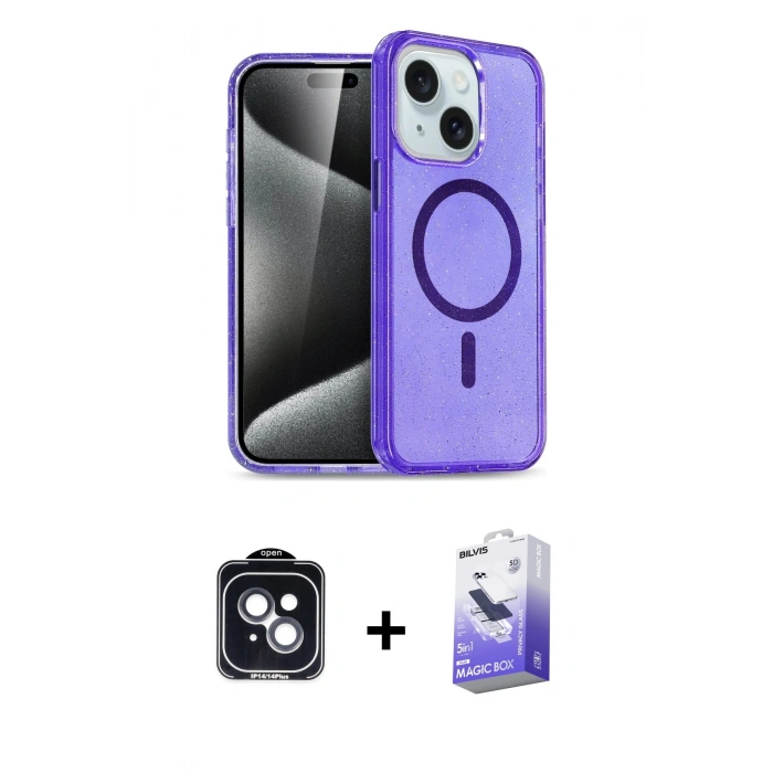 MARSİLYAN™- iPhone 14 Kılıf Nova Asil Prime - Siyah Bilvis 5in1 5D Magic Hayalet Cam Ekran Koruyucu + PVD Metal Kamera Lens - SH