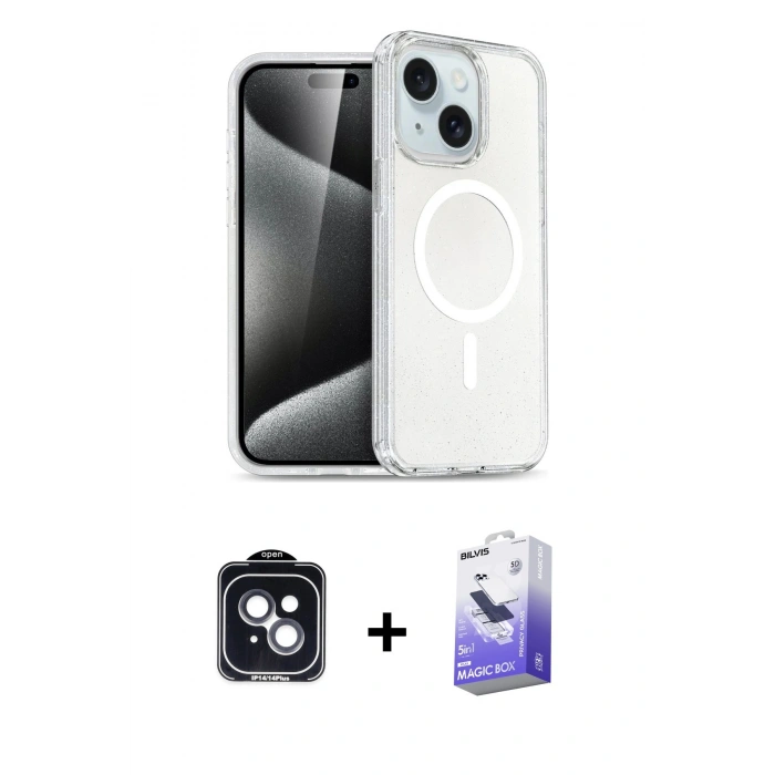 MARSİLYAN™- iPhone 14 Kılıf Nova Asil Prime - Siyah Bilvis 5in1 5D Magic Hayalet Cam Ekran Koruyucu + PVD Metal Kamera Lens - SH
