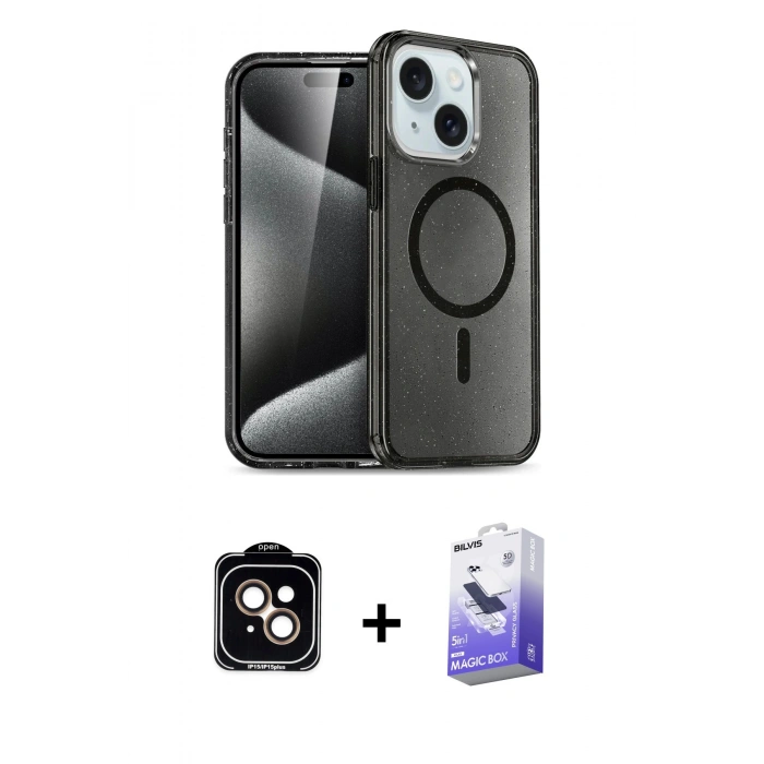 MARSİLYAN™- iPhone 14 Kılıf Nova Asil Prime - Siyah Bilvis 5in1 5D Magic Hayalet Cam Ekran Koruyucu + PVD Metal Kamera Lens - TU