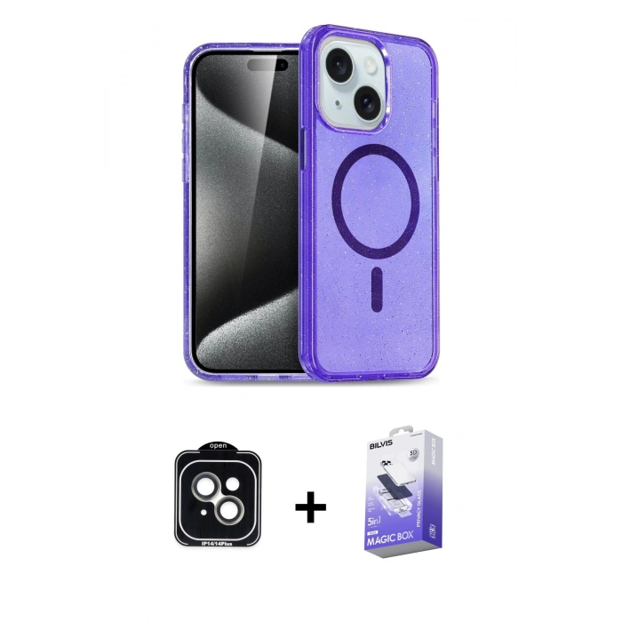 MARSİLYAN™- iPhone 14 Kılıf Nova Asil Prime - Siyah Bilvis 5in1 5D Magic Hayalet Cam Ekran Koruyucu + PVD Metal Kamera Lens - YL