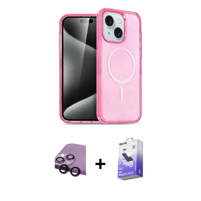 MARSİLYAN™- iPhone 14 Kılıf Nova Asil Prime - Siyah Bilvis 5in1 5D Magic Hayalet Cam Ekran Koruyucu + Raze Metal Kamera Lens - SH
