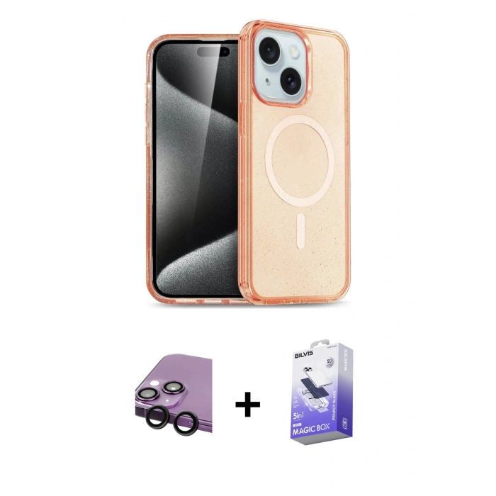 MARSİLYAN™- iPhone 14 Kılıf Nova Asil Prime - Siyah Bilvis 5in1 5D Magic Hayalet Cam Ekran Koruyucu + Raze Metal Kamera Lens - SH