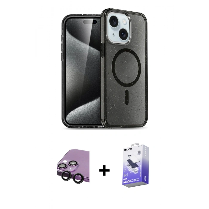 MARSİLYAN™- iPhone 14 Kılıf Nova Asil Prime - Siyah Bilvis 5in1 5D Magic Hayalet Cam Ekran Koruyucu + Raze Metal Kamera Lens - SH