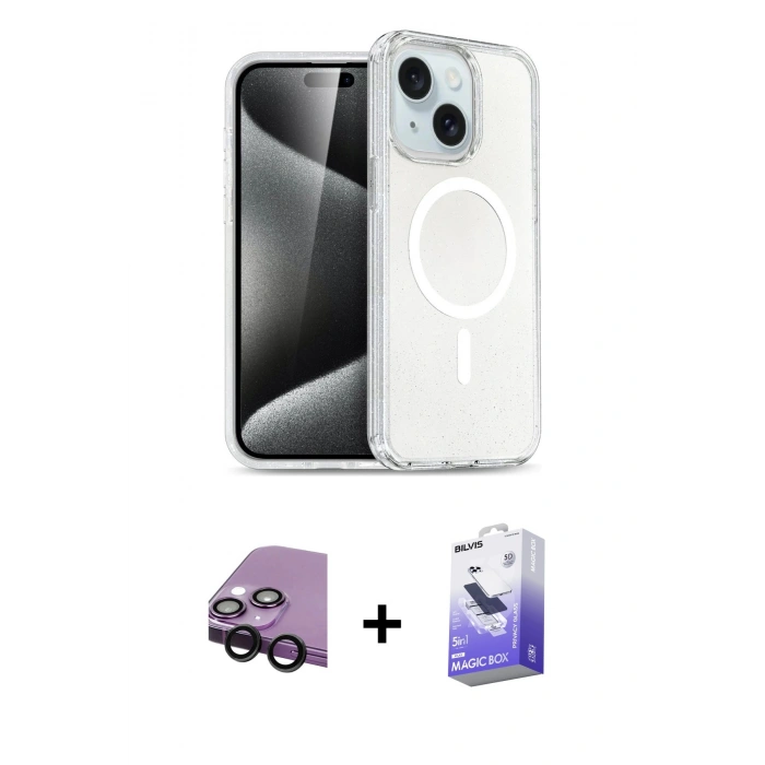 MARSİLYAN™- iPhone 14 Kılıf Nova Asil Prime - Siyah Bilvis 5in1 5D Magic Hayalet Cam Ekran Koruyucu + Raze Metal Kamera Lens - SH