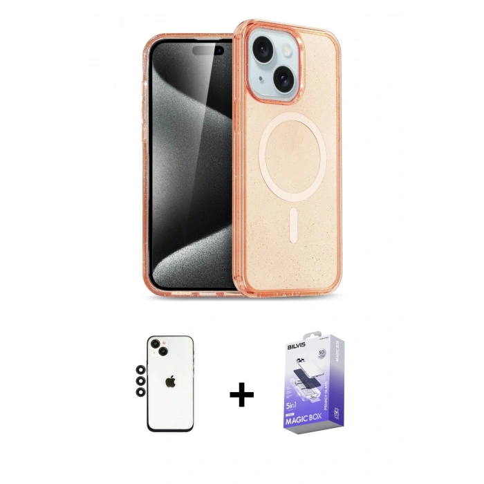 MARSİLYAN™- iPhone 14 Kılıf Nova Asil Prime - Siyah Bilvis 5in1 5D Magic Hayalet Cam Ekran Koruyucu + Shine Kamera Lens - SH