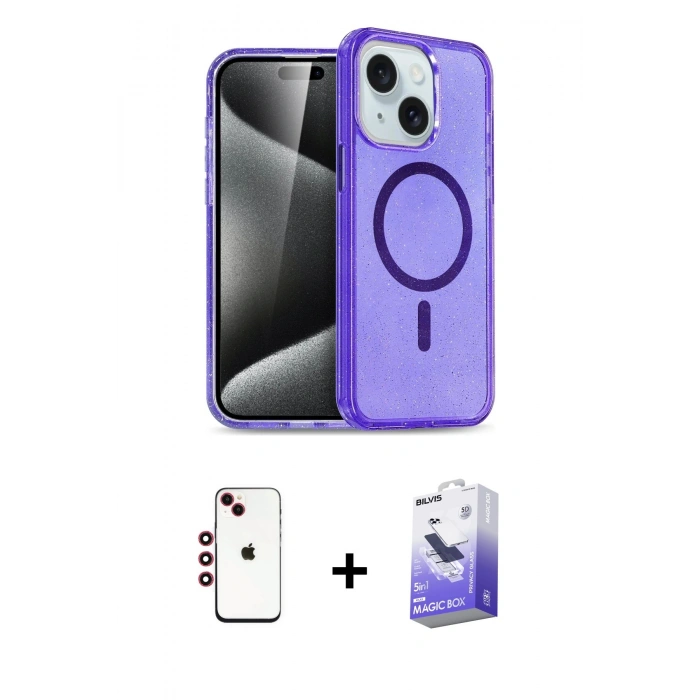 MARSİLYAN™- iPhone 14 Kılıf Nova Asil Prime - Siyah Bilvis 5in1 5D Magic Hayalet Cam Ekran Koruyucu + Shine Kamera Lens - KI