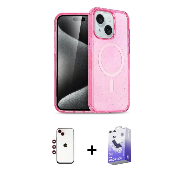 MARSİLYAN™- iPhone 14 Kılıf Nova Asil Prime - Siyah Bilvis 5in1 5D Magic Hayalet Cam Ekran Koruyucu + Shine Kamera Lens - KI