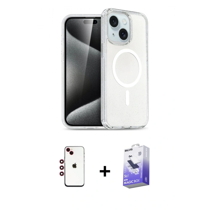 MARSİLYAN™- iPhone 14 Kılıf Nova Asil Prime - Siyah Bilvis 5in1 5D Magic Hayalet Cam Ekran Koruyucu + Shine Kamera Lens - KI