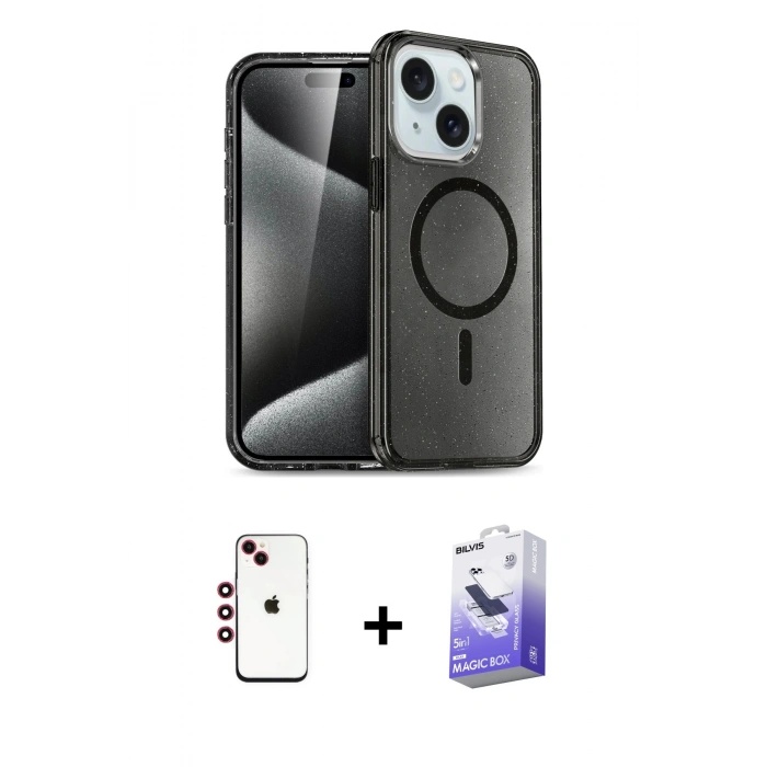MARSİLYAN™- iPhone 14 Kılıf Nova Asil Prime - Siyah Bilvis 5in1 5D Magic Hayalet Cam Ekran Koruyucu + Shine Kamera Lens - KI