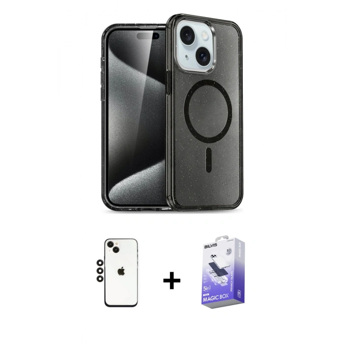 MARSİLYAN™- iPhone 14 Kılıf Nova Asil Prime - Siyah Bilvis 5in1 5D Magic Hayalet Cam Ekran Koruyucu + Shine Kamera Lens - SH