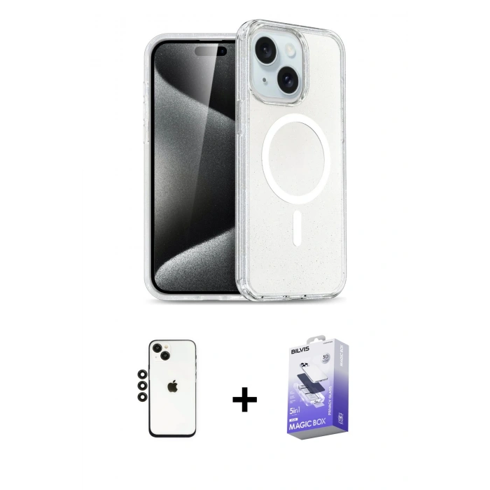 MARSİLYAN™- iPhone 14 Kılıf Nova Asil Prime - Siyah Bilvis 5in1 5D Magic Hayalet Cam Ekran Koruyucu + Shine Kamera Lens - SH