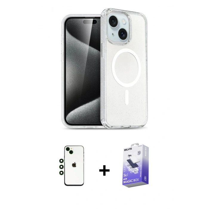 MARSİLYAN™- iPhone 14 Kılıf Nova Asil Prime - Siyah Bilvis 5in1 5D Magic Hayalet Cam Ekran Koruyucu + Shine Kamera Lens - YL