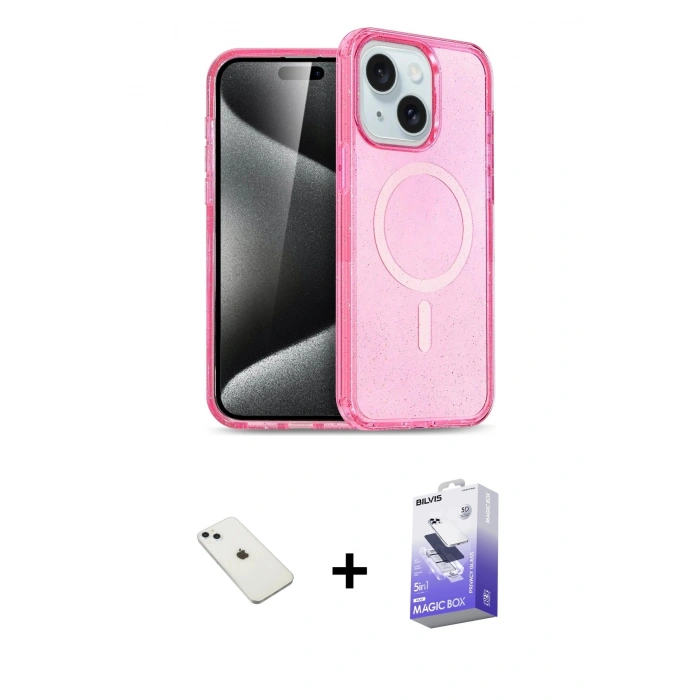 MARSİLYAN™- iPhone 14 Kılıf Nova Asil Prime - Siyah Bilvis 5in1 5D Magic Hayalet Cam Ekran Koruyucu + Diamond Kamera Lens - SABE
