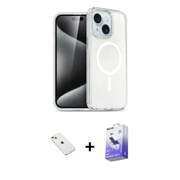 MARSİLYAN™- iPhone 14 Kılıf Nova Asil Prime - Siyah Bilvis 5in1 5D Magic Hayalet Cam Ekran Koruyucu + Diamond Kamera Lens - SABE