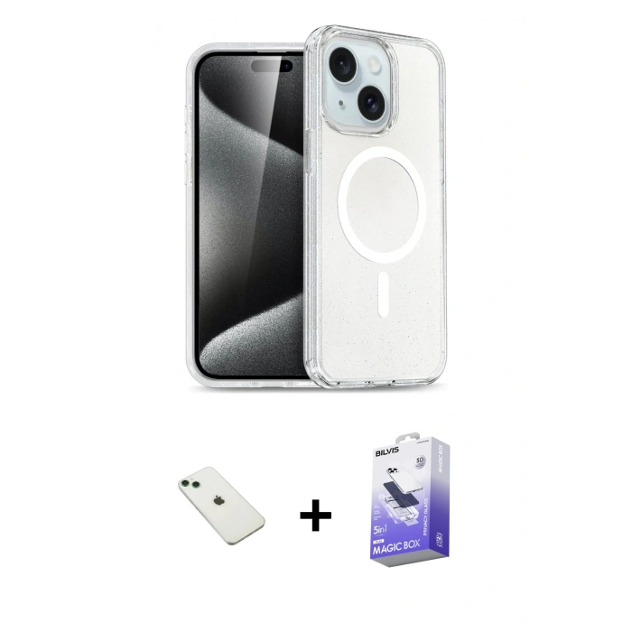 MARSİLYAN™- iPhone 14 Kılıf Nova Asil Prime - Siyah Bilvis 5in1 5D Magic Hayalet Cam Ekran Koruyucu + Diamond Kamera Lens - YL