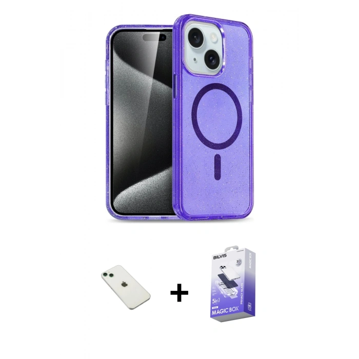 MARSİLYAN™- iPhone 14 Kılıf Nova Asil Prime - Siyah Bilvis 5in1 5D Magic Hayalet Cam Ekran Koruyucu + Diamond Kamera Lens - YL