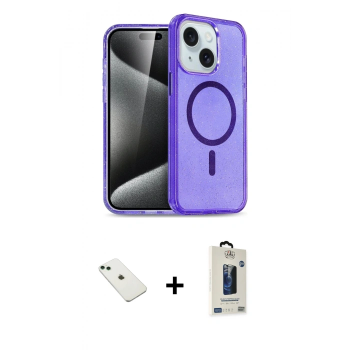 MARSİLYAN™- iPhone 14 Kılıf Nova Asil Prime - Siyah Bilvis Hayalet Cam Ekran Koruyucu + Diamond Kamera Lens - YL