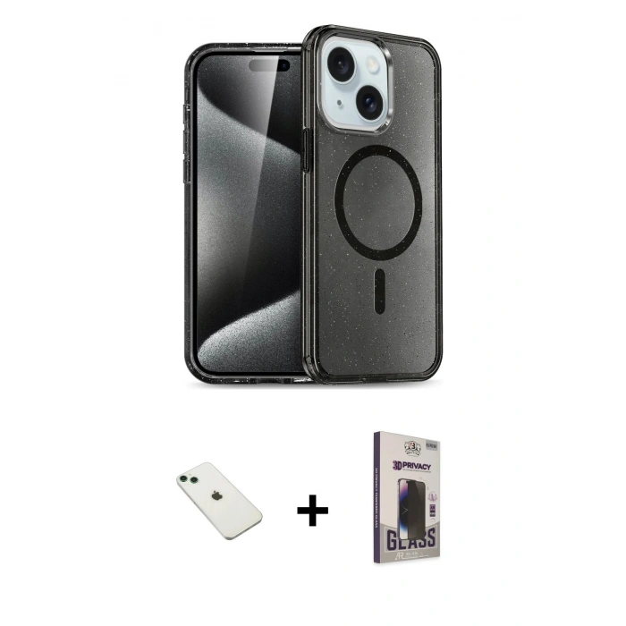 MARSİLYAN™- iPhone 14 Kılıf Nova Asil Prime - Siyah Bilvis Hayalet Cam Ekran Koruyucu + Diamond Kamera Lens - YL