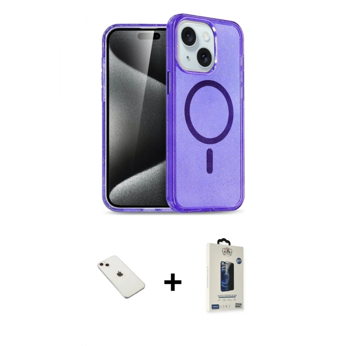 MARSİLYAN™- iPhone 14 Kılıf Nova Asil Prime - Siyah Bilvis Hayalet Cam Ekran Koruyucu + Diamond Kamera Lens - PE