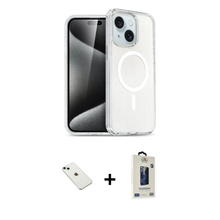 MARSİLYAN™- iPhone 14 Kılıf Nova Asil Prime - Siyah Bilvis Hayalet Cam Ekran Koruyucu + Diamond Kamera Lens - YL