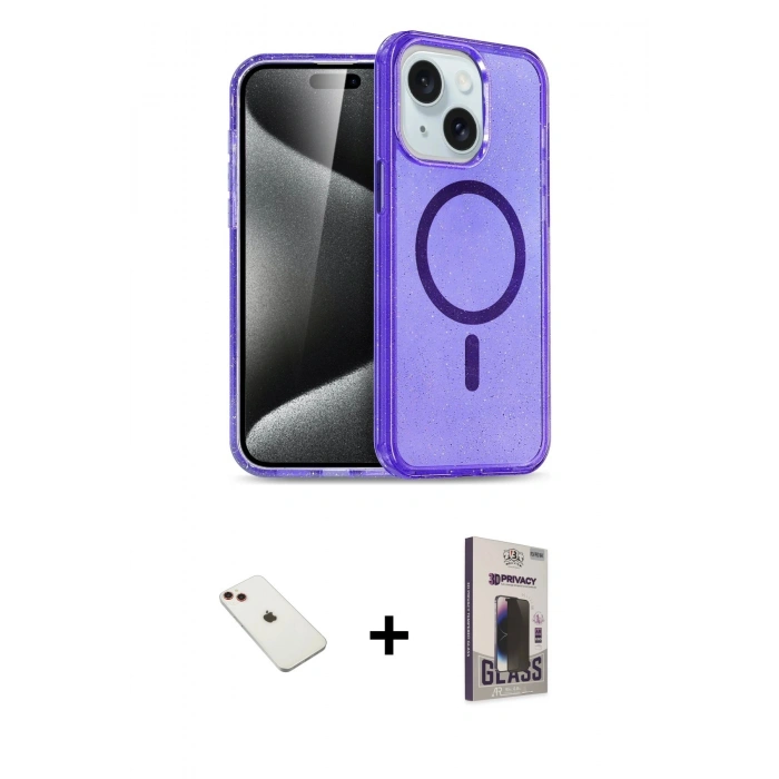MARSİLYAN™- iPhone 14 Kılıf Nova Asil Prime - Siyah Bilvis Hayalet Cam Ekran Koruyucu + Diamond Kamera Lens - KI
