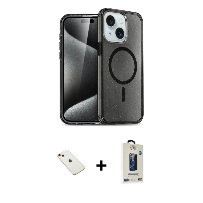 MARSİLYAN™- iPhone 14 Kılıf Nova Asil Prime - Siyah Bilvis Hayalet Cam Ekran Koruyucu + Diamond Kamera Lens - KI