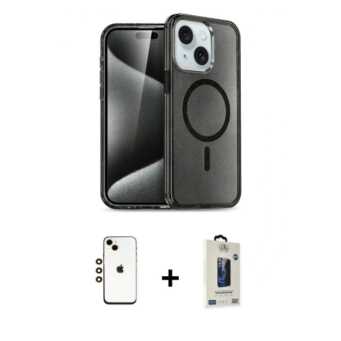 MARSİLYAN™- iPhone 14 Kılıf Nova Asil Prime - Siyah Bilvis Hayalet Cam Ekran Koruyucu + Shine Kamera Lens - GD
