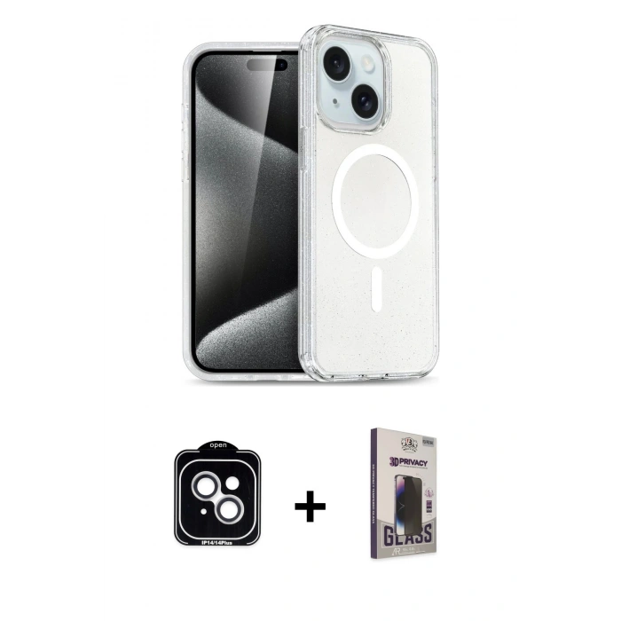 MARSİLYAN™- iPhone 14 Kılıf Nova Asil Prime - Siyah Bilvis Hayalet Cam Ekran Koruyucu + PVD Metal Kamera Lens - GS