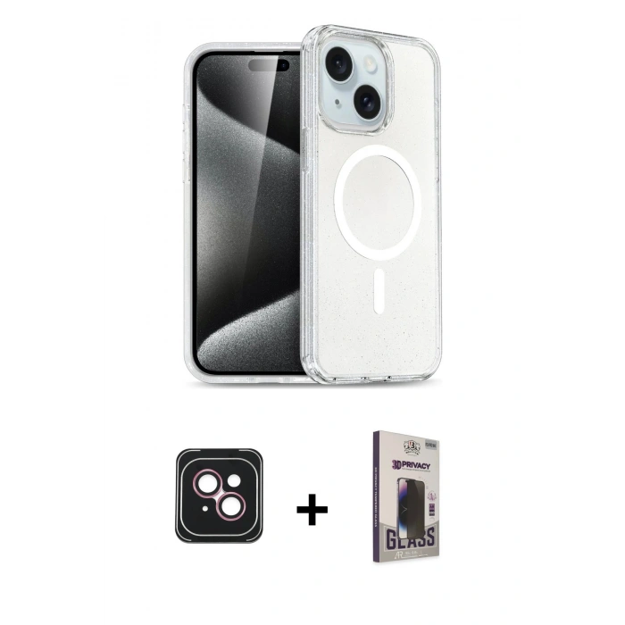 MARSİLYAN™- iPhone 14 Kılıf Nova Asil Prime - Siyah Bilvis Hayalet Cam Ekran Koruyucu + PVD Metal Kamera Lens - PE