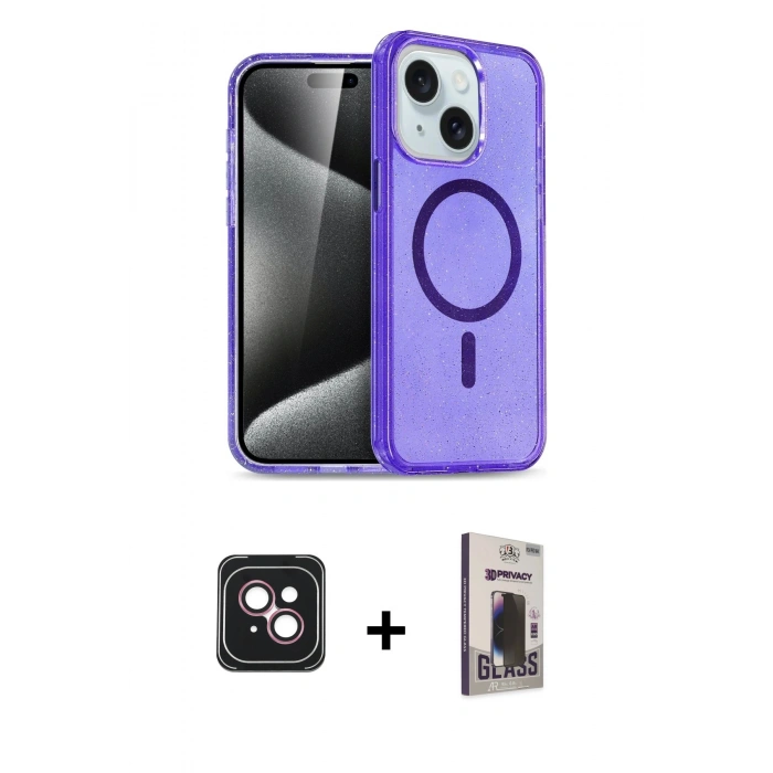 MARSİLYAN™- iPhone 14 Kılıf Nova Asil Prime - Siyah Bilvis Hayalet Cam Ekran Koruyucu + PVD Metal Kamera Lens - PE
