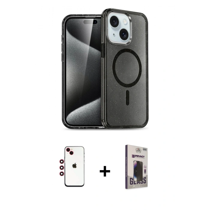 MARSİLYAN™- iPhone 14 Kılıf Nova Asil Prime - Siyah Bilvis Hayalet Cam Ekran Koruyucu + Shine Kamera Lens - KI