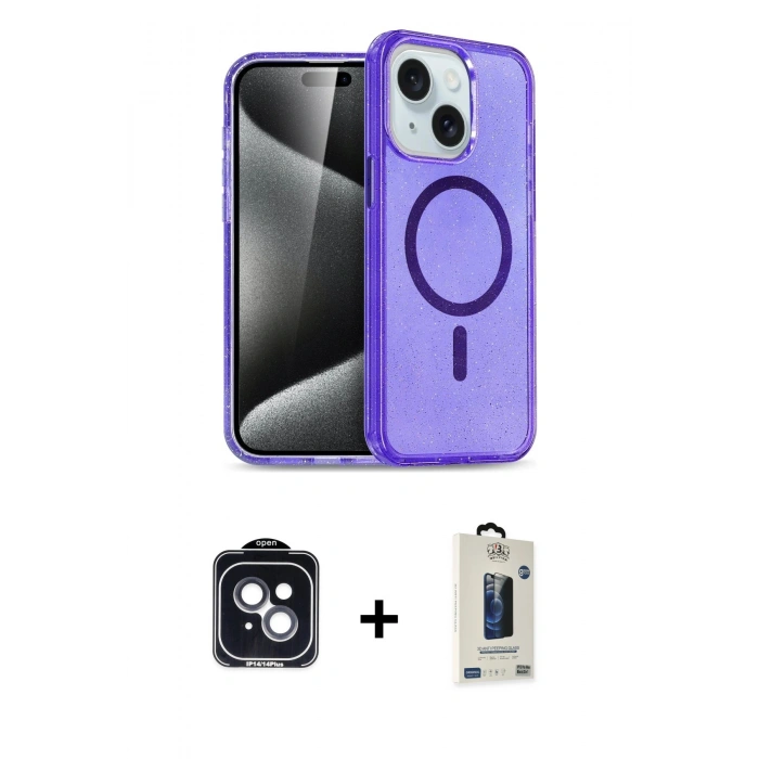 MARSİLYAN™- iPhone 14 Kılıf Nova Asil Prime - Siyah Bilvis Hayalet Cam Ekran Koruyucu + PVD Metal Kamera Lens - SH