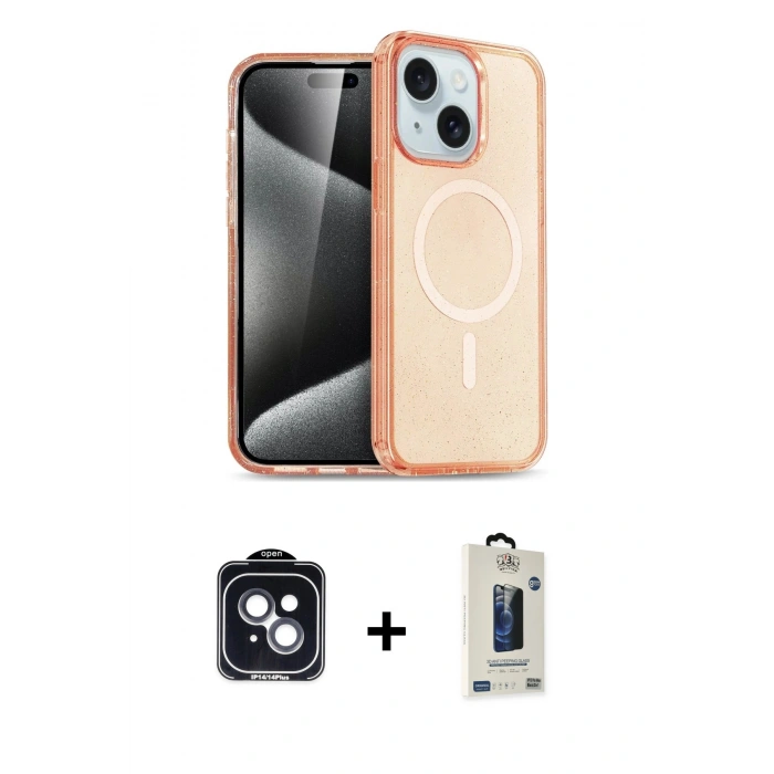 MARSİLYAN™- iPhone 14 Kılıf Nova Asil Prime - Siyah Bilvis Hayalet Cam Ekran Koruyucu + PVD Metal Kamera Lens - SH