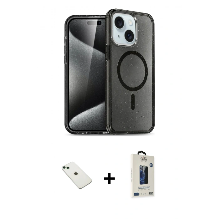 MARSİLYAN™- iPhone 14 Kılıf Nova Asil Prime - Siyah Bilvis Hayalet Cam Ekran Koruyucu + Diamond Kamera Lens - YL