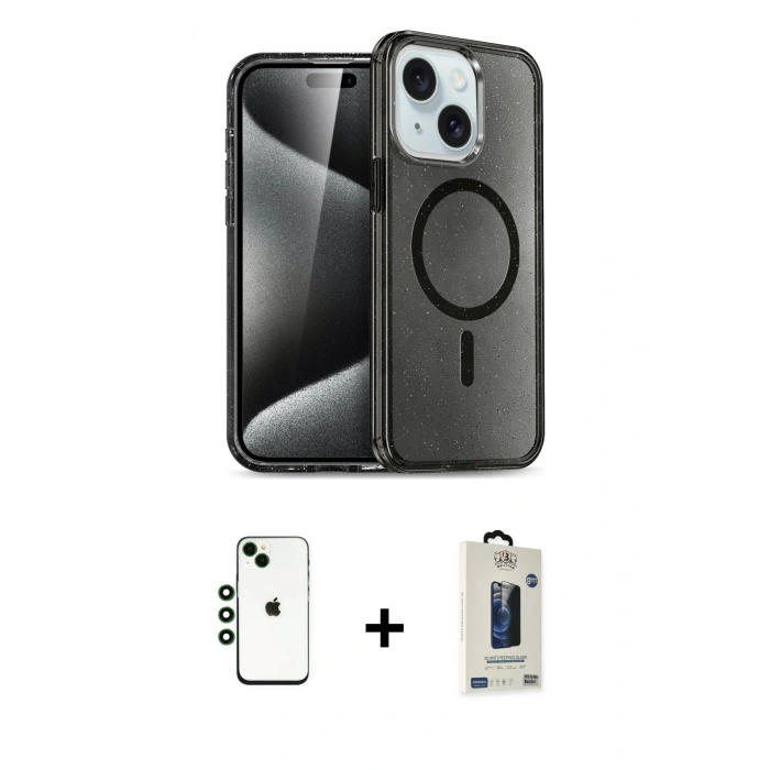 MARSİLYAN™- iPhone 14 Kılıf Nova Asil Prime - Siyah Bilvis Hayalet Cam Ekran Koruyucu + Shine Kamera Lens - YL