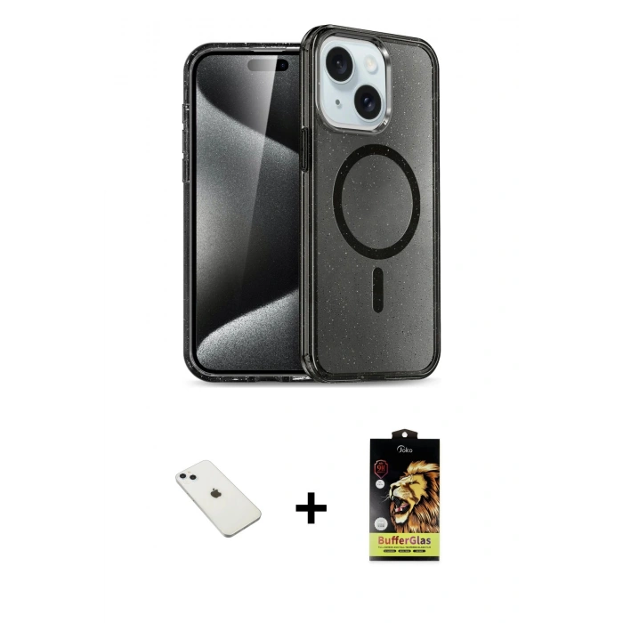 MARSİLYAN™- iPhone 14 Kılıf Nova Asil Prime - Siyah Buffer Cam Ekran Koruyucu + Diamond Kamera Lens - SABE