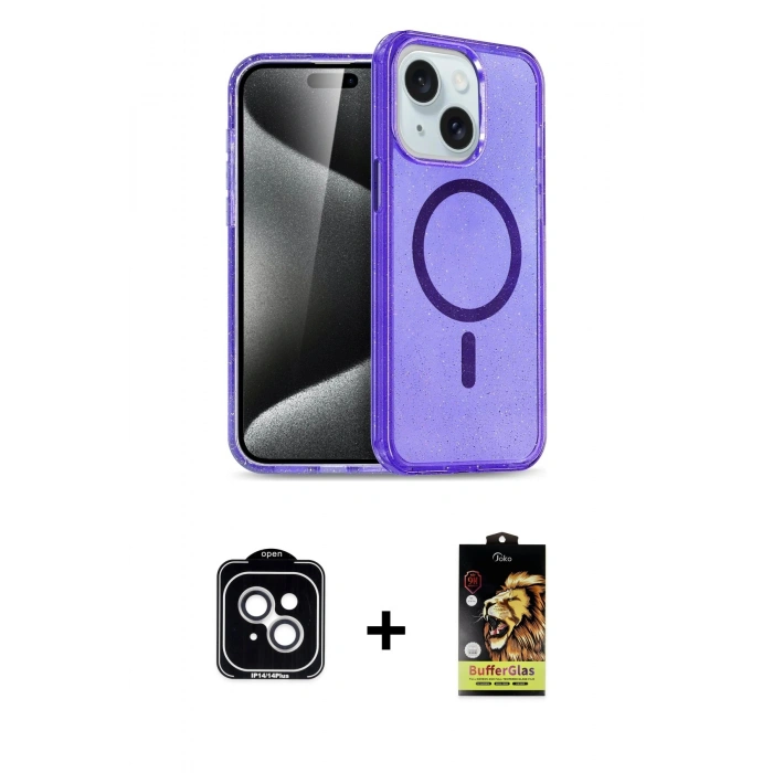 MARSİLYAN™- iPhone 14 Kılıf Nova Asil Prime - Siyah Buffer Cam Ekran Koruyucu + Gümüş PVD Metal Kamera Lens