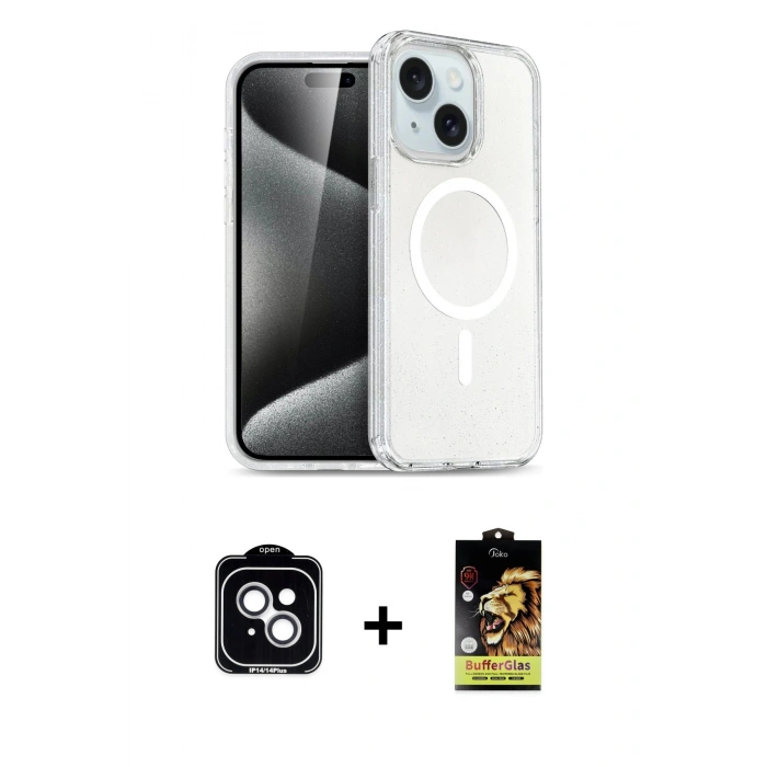 MARSİLYAN™- iPhone 14 Kılıf Nova Asil Prime - Siyah Buffer Cam Ekran Koruyucu + Gümüş PVD Metal Kamera Lens