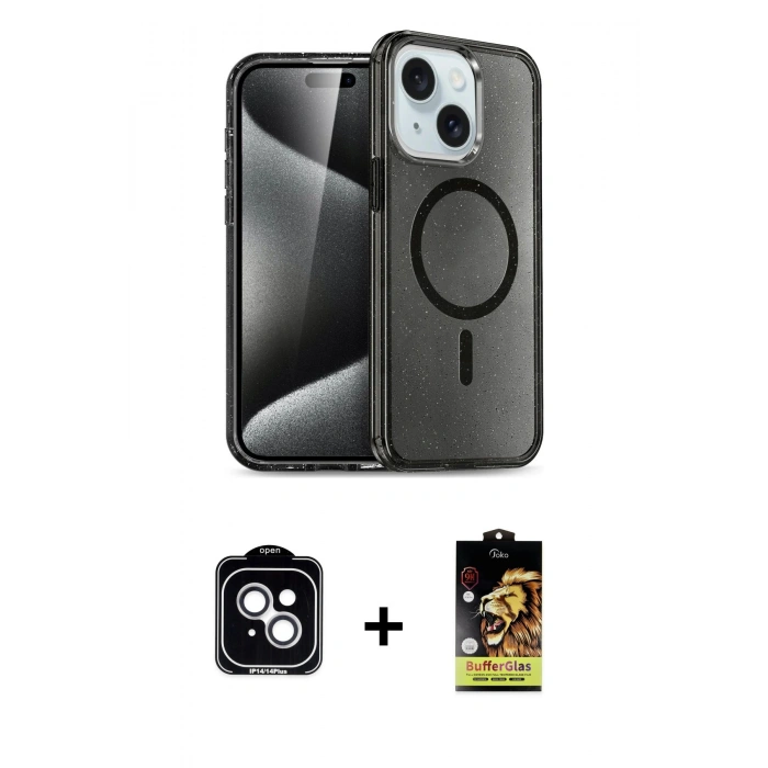 MARSİLYAN™- iPhone 14 Kılıf Nova Asil Prime - Siyah Buffer Cam Ekran Koruyucu + Gümüş PVD Metal Kamera Lens
