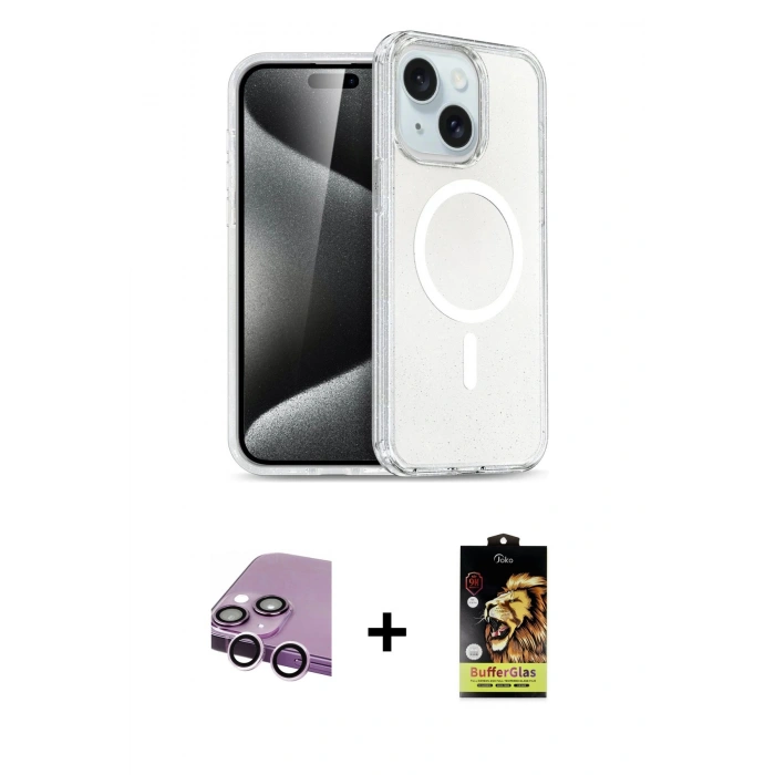 MARSİLYAN™- iPhone 14 Kılıf Nova Asil Prime - Siyah Buffer Cam Ekran Koruyucu + Mor Raze Metal Kamera Lens