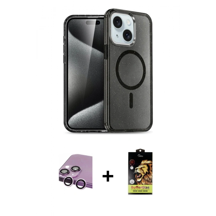 MARSİLYAN™- iPhone 14 Kılıf Nova Asil Prime - Siyah Buffer Cam Ekran Koruyucu + Mor Raze Metal Kamera Lens