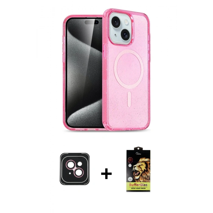 MARSİLYAN™- iPhone 14 Kılıf Nova Asil Prime - Siyah Buffer Cam Ekran Koruyucu + PVD Metal Kamera Lens - PE