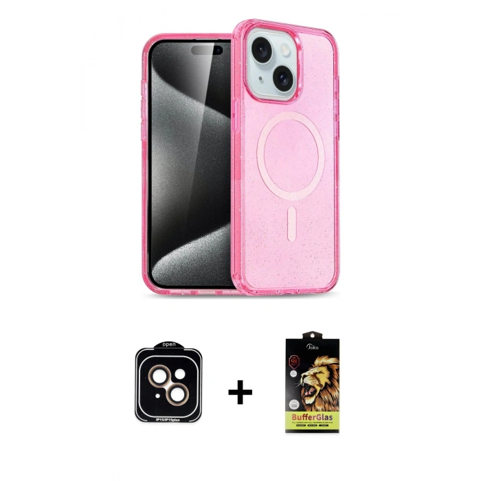 MARSİLYAN™- iPhone 14 Kılıf Nova Asil Prime - Siyah Buffer Cam Ekran Koruyucu + PVD Metal Kamera Lens - TU
