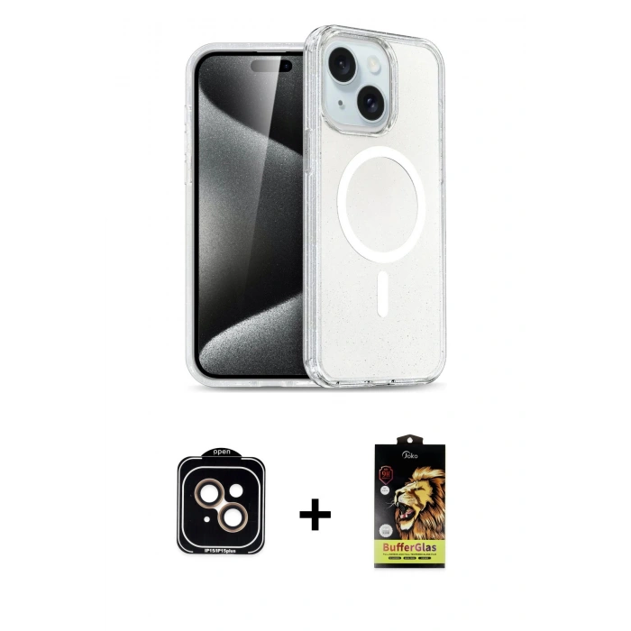 MARSİLYAN™- iPhone 14 Kılıf Nova Asil Prime - Siyah Buffer Cam Ekran Koruyucu + PVD Metal Kamera Lens - TU