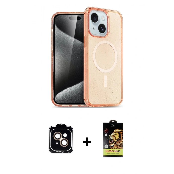 MARSİLYAN™- iPhone 14 Kılıf Nova Asil Prime - Siyah Buffer Cam Ekran Koruyucu + PVD Metal Kamera Lens - TU